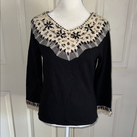 NWOT Anthropologie Sleeping On Snow Black Lambswool Blend Lace Collar Sweater - Picture 1 of 4